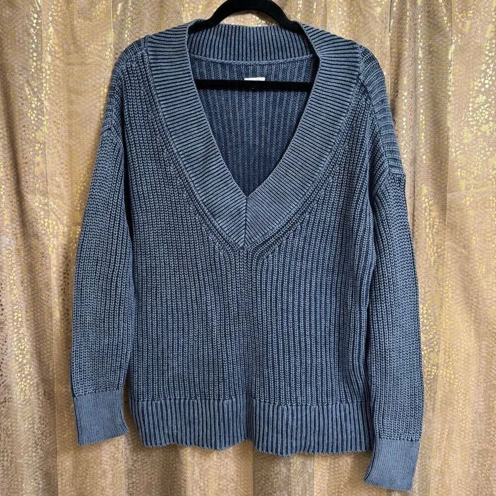 Aerie Vintage Cotton Dyed Navy Blue V Neck Cozy Chunky Sweater Small